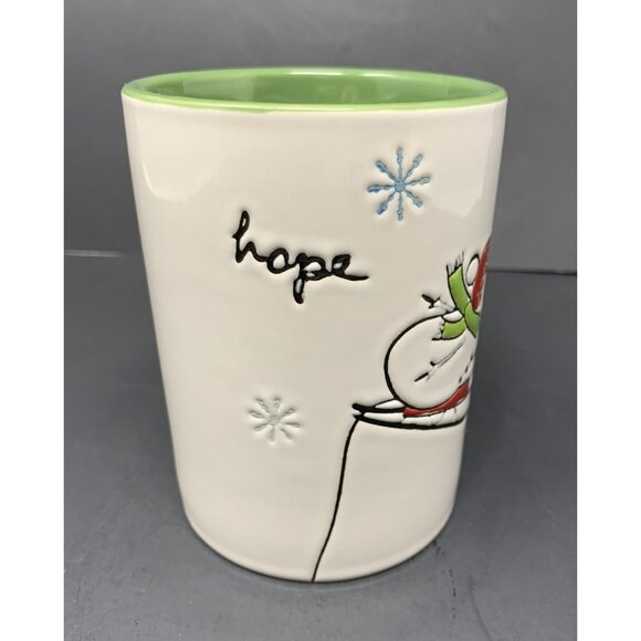 TAG SKIING SNOWMAN HOPE MUG 16 oz Embossed Winter Holiday Xmas Green Interior - Picture 2 of 8
